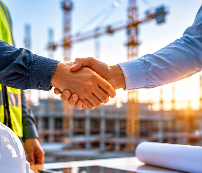 DeMar Group manager and client sealing a partnership with a firm handshake on a construction site